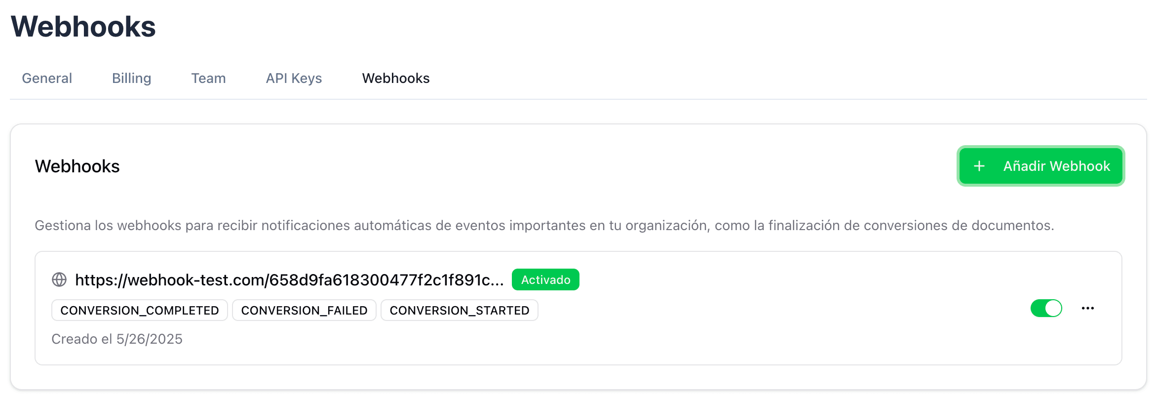 Webhooks page