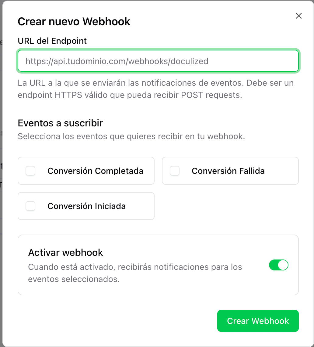 Formulario de creación de webhook