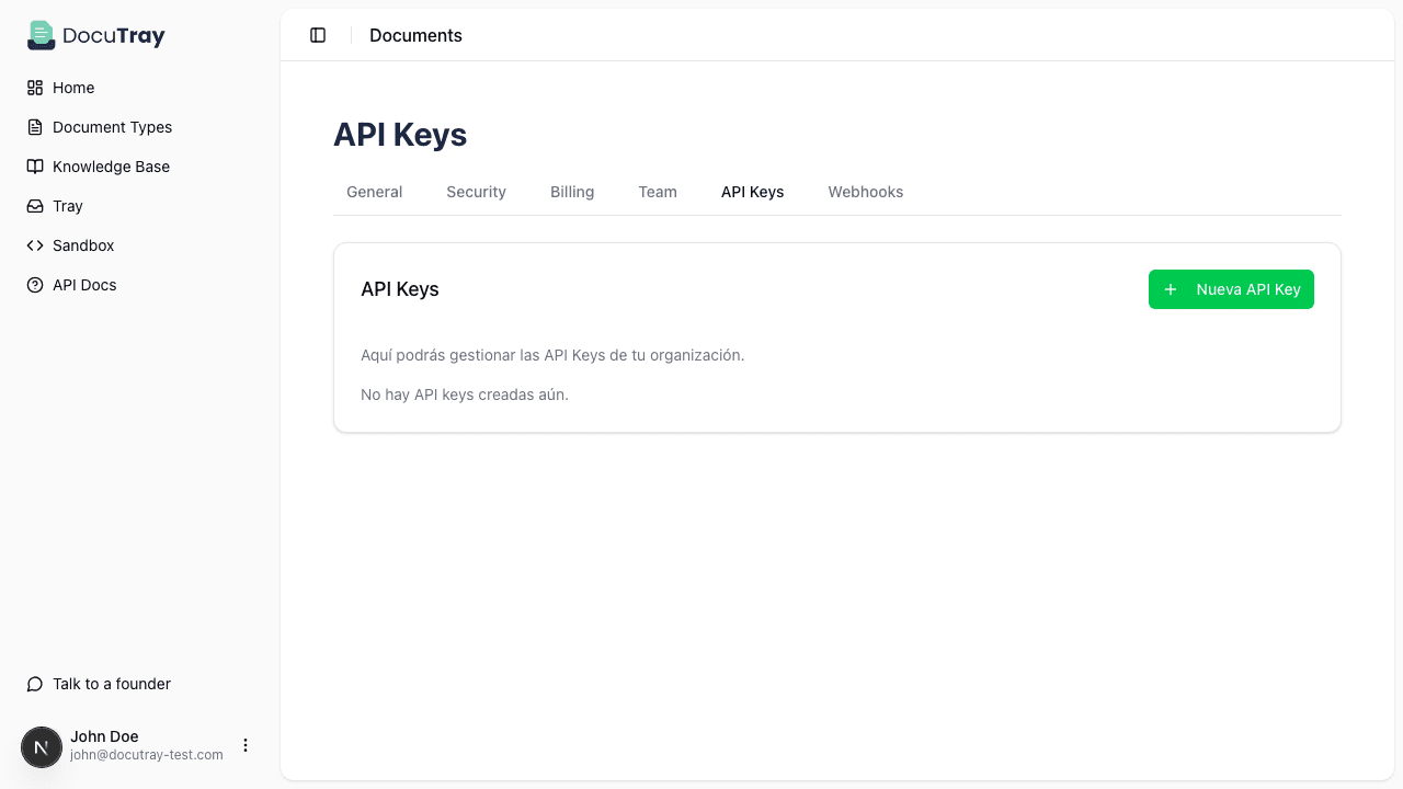 API Keys Menu