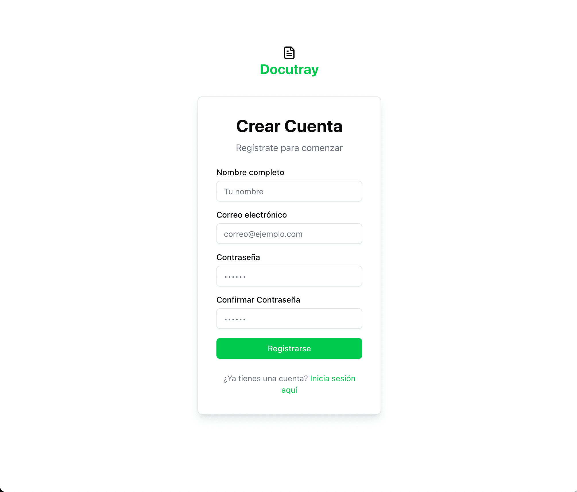 Página de registro de Docutray